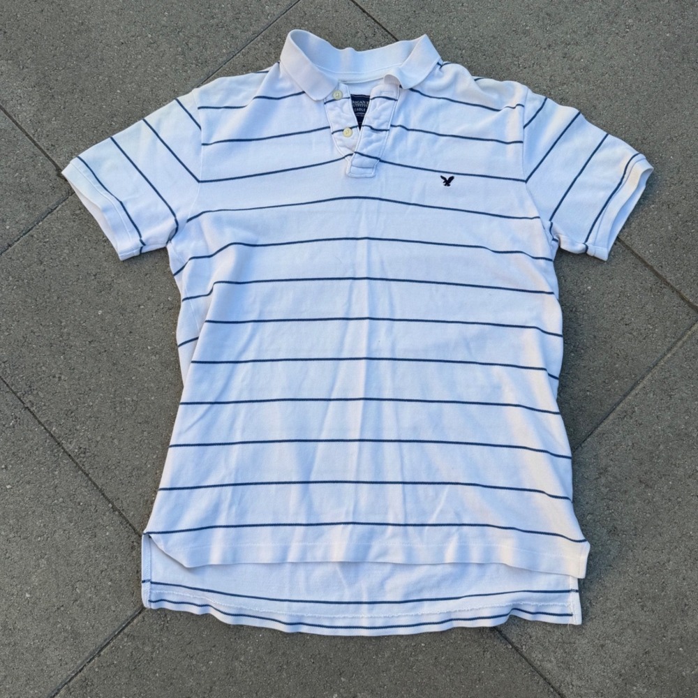 American Eagle Mens Striped Pique Polo Shirt White Blue Size M Eagle Logo